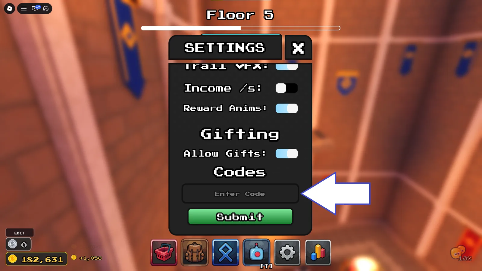 A screenshot of Tower Incremental in Roblox showing the game's codes field.