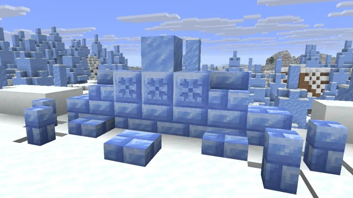 Packed Ice Brick block variants with slabs, stairs, walls, and chiseled Ice block in Minecraft