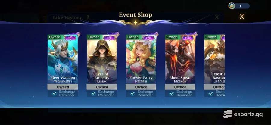 MLBB Super Like Event Shop Epic Skins