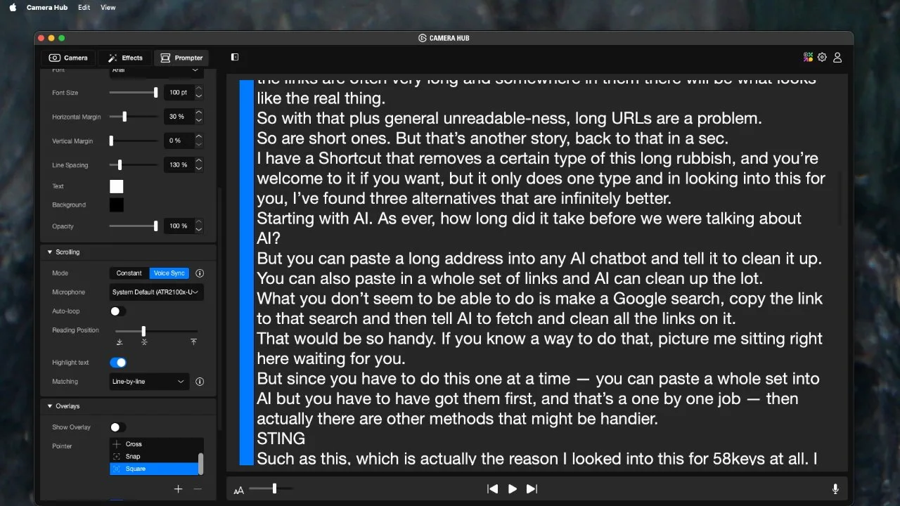 Mac desktop app showing teleprompter-style white text on dark background, with left sidebar controls for font, scrolling, microphone, and overlays, and playback buttons centered below the text.