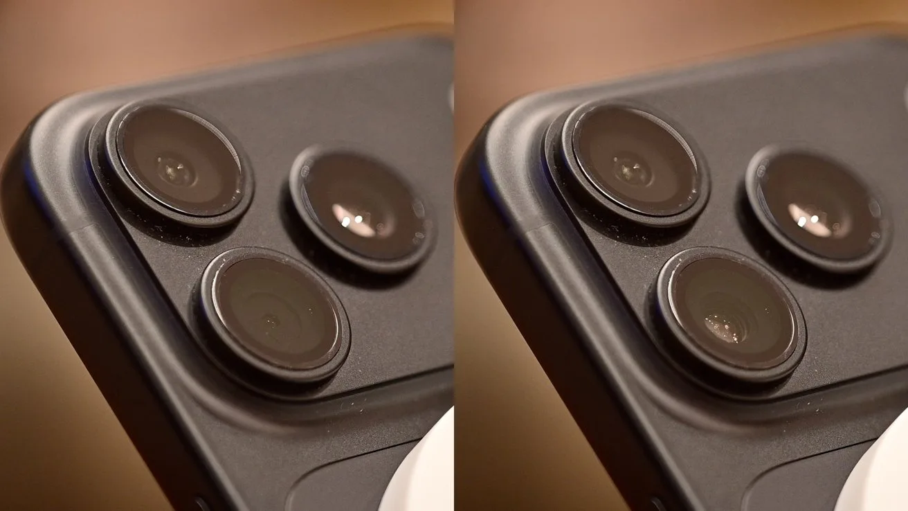 Close-up of a smartphone's triple rear camera module shown twice side by side, highlighting the circular lenses and slightly different reflections on a dark rectangular camera bump