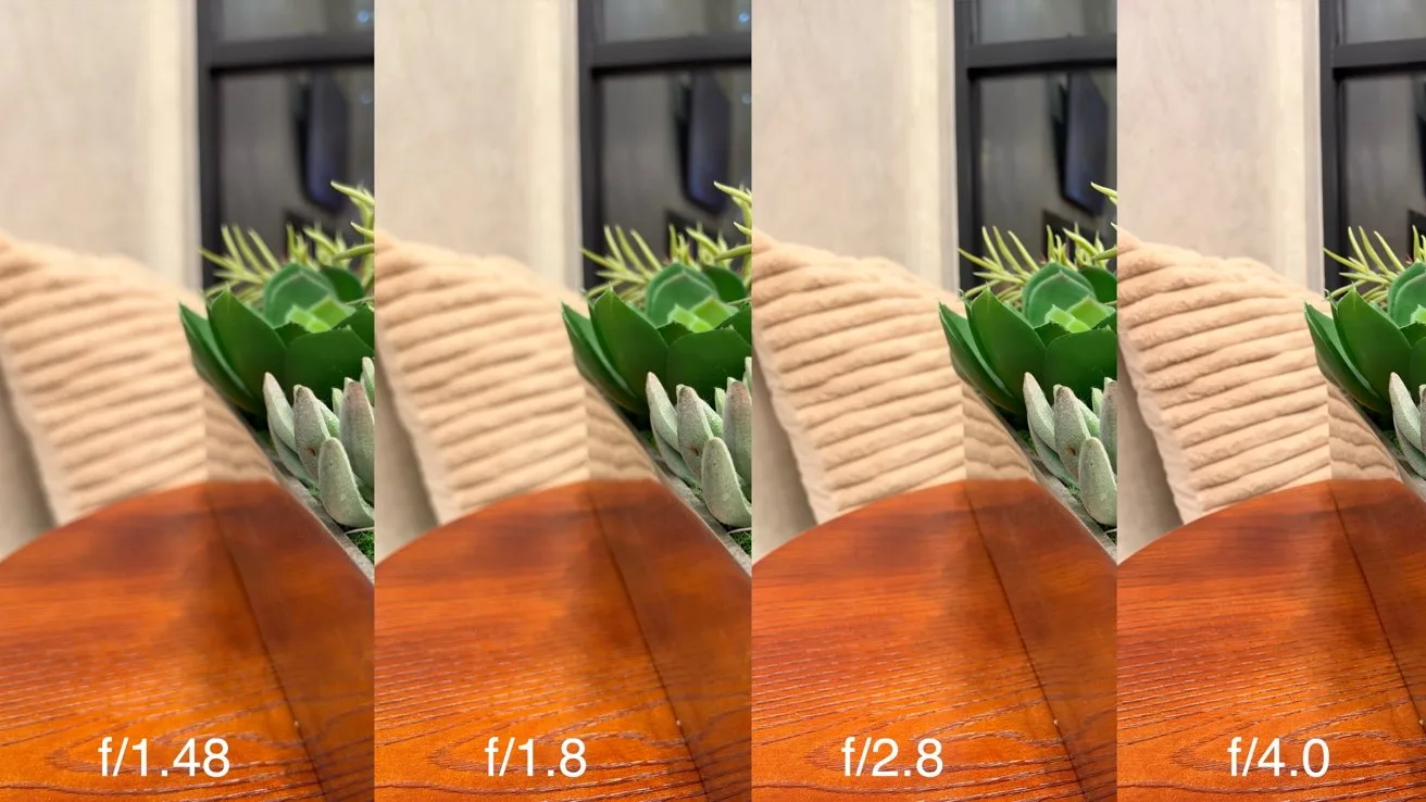 Four sidebyside photos of a wooden table, cushion, and green succulent plant showing increasing sharpness from blurry to clear, labeled with aperture values f/1.48, f/1.8, f/2.8, f/4.0