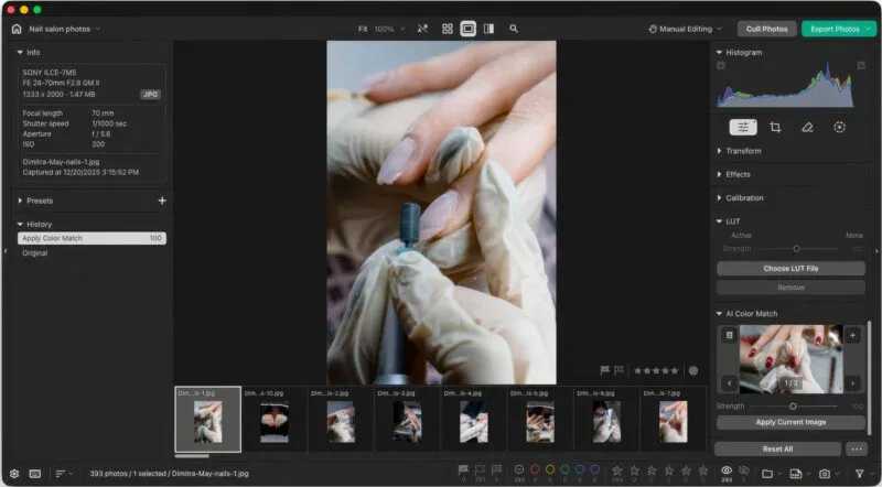 A computer screen displays a photo editing software interface showing a close-up of a manicurist using an electric nail file on a client's fingernail.