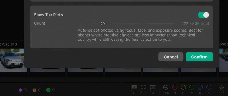 A dialog box titled Show Top Picks displays a slider set to 125 out of 506 total photos, with a description of the auto-select feature and buttons for Cancel and Confirm.