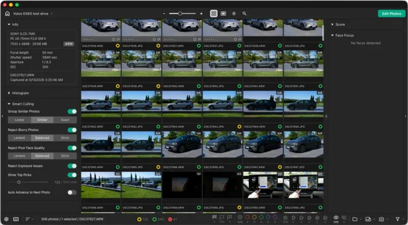 A software interface displays a grid of thumbnails showing a Volvo EX60 in various outdoor and interior settings, with metadata and culling tools in the side panels.