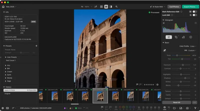 A photo editing software interface displays a raw image of the Colosseum in Rome with various adjustment sliders and metadata visible in the side panels.