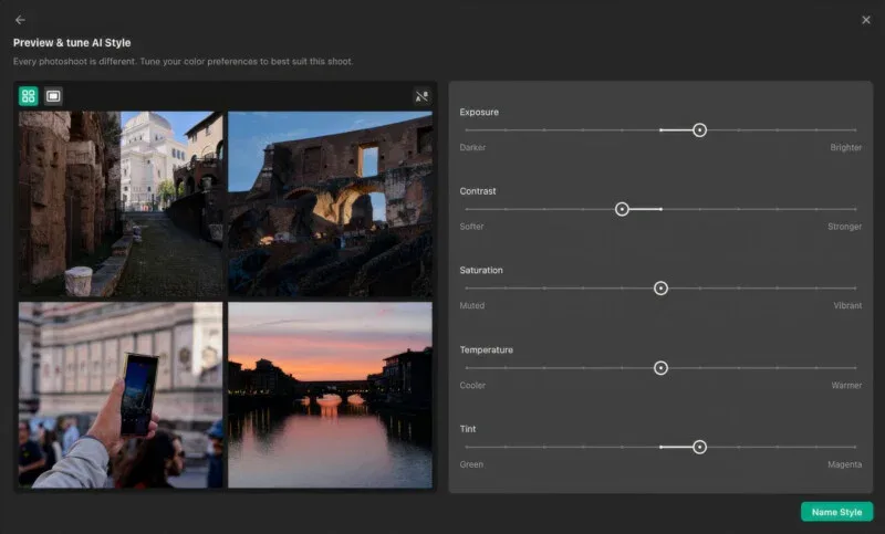 A software interface for tuning AI photo styles, featuring a grid of four sample images on the left and adjustment sliders for exposure, contrast, saturation, temperature, and tint on the right.