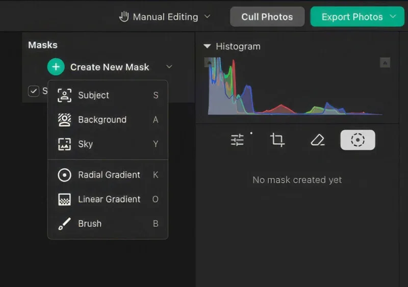 A software interface showing a "Create New Mask" dropdown menu with options for Subject, Background, Sky, Radial Gradient, Linear Gradient, and Brush, alongside a histogram and editing tools.