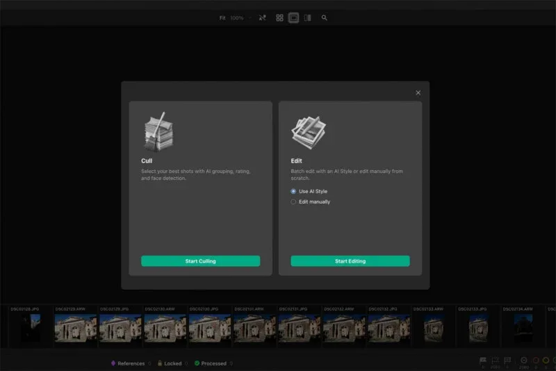 A software interface window displays two options: "Cull" with a "Start Culling" button, and "Edit" with "Use AI Style" or "Edit manually" radio buttons and a "Start Editing" button, over a filmstrip of photo thumbnails.