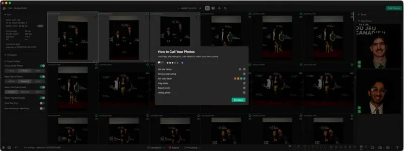 A software interface displays a grid of photo thumbnails with a pop-up window explaining keyboard shortcuts for culling images.