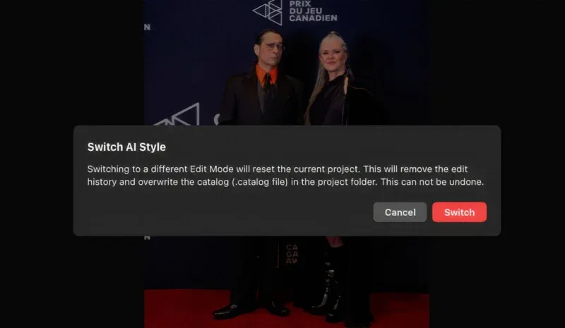 A dialog box titled Switch AI Style warns that switching edit modes will reset the current project, remove edit history, and overwrite the catalog file, with options to Cancel or Switch.