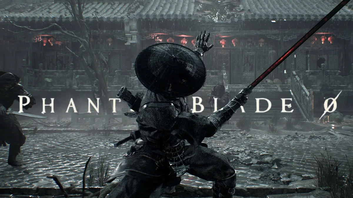 Phantom Blade Zero screenshot with Soul hitting a pose with his longsword and the logo in the background.