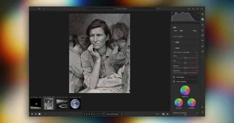 A computer screen displaying the Adobe Lightroom interface with the iconic "Migrant Mother" photograph selected in the center.