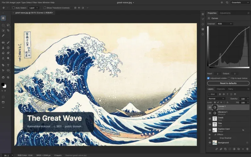 A screenshot of Adobe Photoshop displaying the artwork "The Great Wave off Kanagawa" with a text overlay and adjustment layers in the side panel.