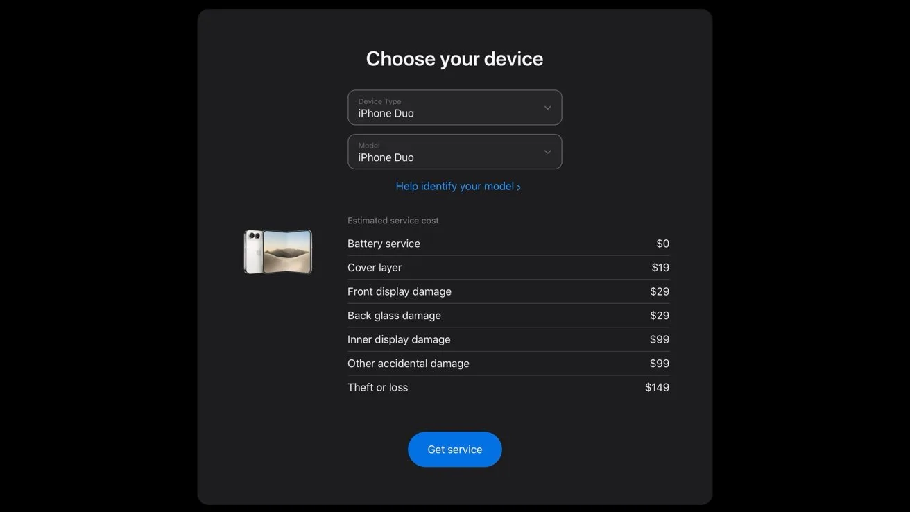 Apple repair service webpage showing iPhone Duo selection dropdowns, small phone photo, and a list of repair costs including battery, cover, display, glass, accidental damage, theft, plus Get service button