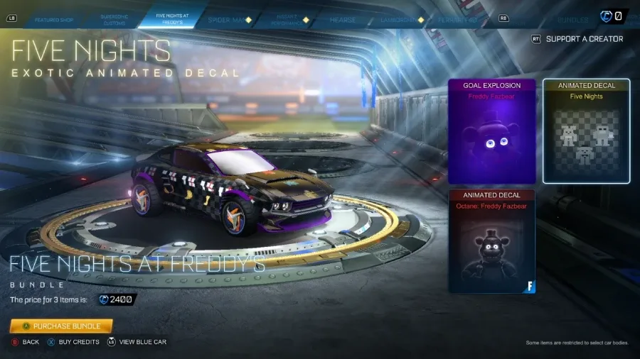 The Rocket League screenshot reveals the Five Nights at Freddy's collaboration item: Five Nights animated decal.