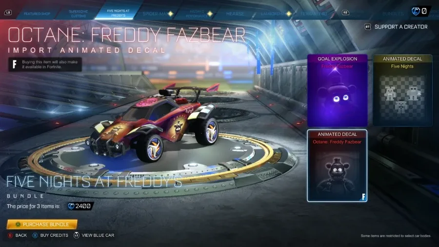 The Rocket League screenshot reveals the Five Nights at Freddy's collaboration item: Freddy animated decal.