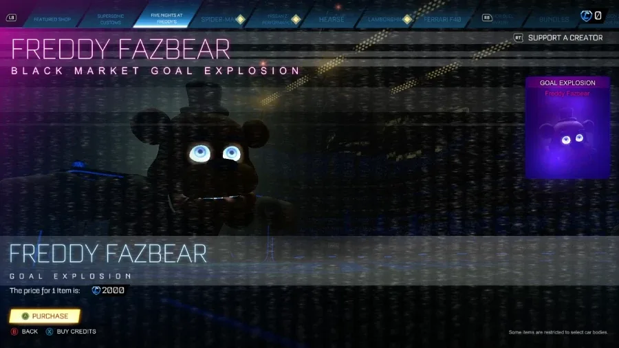 The Rocket League screenshot reveals the Five Nights at Freddy's collaboration item: Freddy goal explosion.