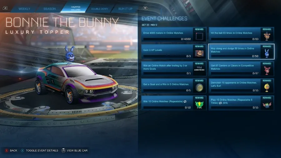 Rocket League screenshot: limited-time challenges of the Haunted Hallows / Halloween 2026 event - collaboration with the Five Nights at Freddy's (FNAF) franchise, Bonnie the Bunny topper.