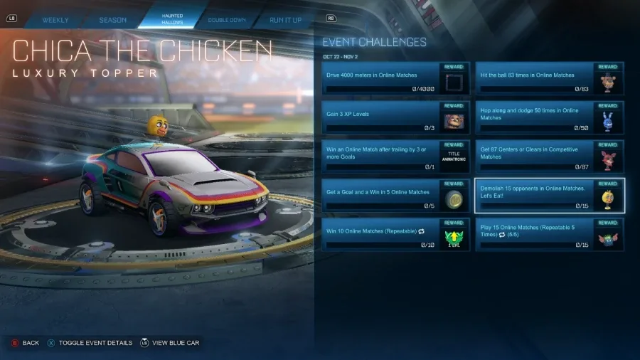 Rocket League screenshot: limited-time challenges of the Haunted Hallows / Halloween 2026 event - collaboration with the Five Nights at Freddy's (FNAF) franchise, Chica the Chicken topper.