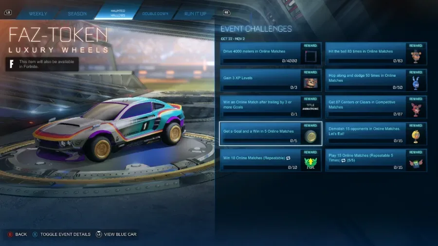 Rocket League screenshot: limited-time challenges of the Haunted Hallows / Halloween 2026 event - collaboration with the Five Nights at Freddy's (FNAF) franchise, the Faz-Token wheels.