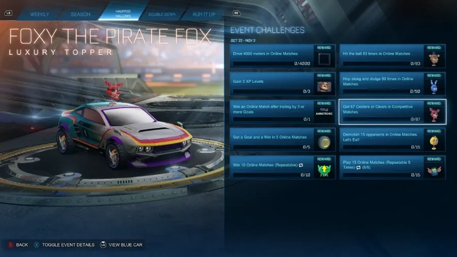 Rocket League screenshot: limited-time challenges of the Haunted Hallows / Halloween 2026 event - collaboration with the Five Nights at Freddy's (FNAF) franchise, Foxy the Pirate Fox topper.