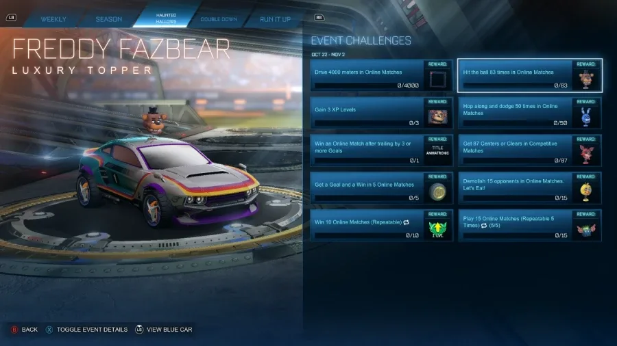Rocket League screenshot: limited-time challenges of the Haunted Hallows / Halloween 2026 event - collaboration with the Five Nights at Freddy's (FNAF) franchise, the Freddy topper.