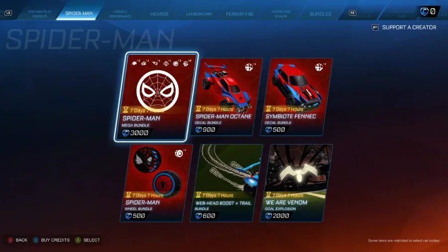 The screenshot features Spider-Man bundles in the Rocket League items shop during the Haunted Hallows / Halloween 2026 event.