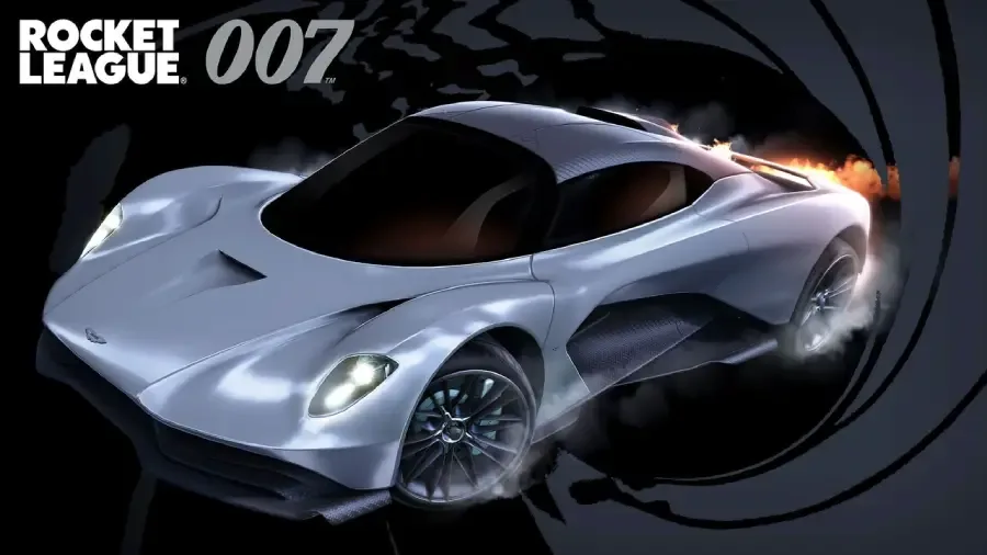 The image is the official poster for the Rocket League collaboration with the James Bond franchise — the Aston Martin Valhalla car.