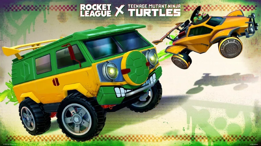 The image is the official poster for the Rocket League collaboration with the Teenage Mutant Ninja Turtles franchise — the Turtle Van car.