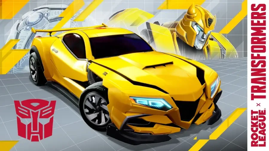 The image is the official poster for the Rocket League collaboration with the Transformers franchise — Bumblebee in his car form.
