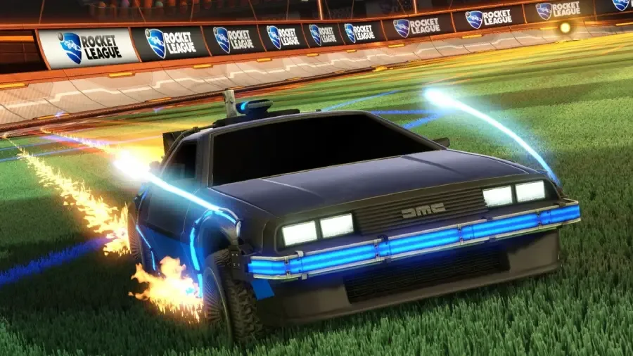 The image is the official poster for the Rocket League collaboration with the Back to the Future franchise — the DMC DeLorean car.