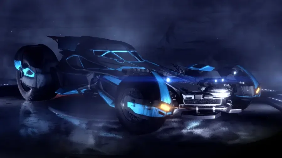 The image is the official poster for the Rocket League collaboration with the Batman franchise — the Batmobile car, the 2016 DLC version.