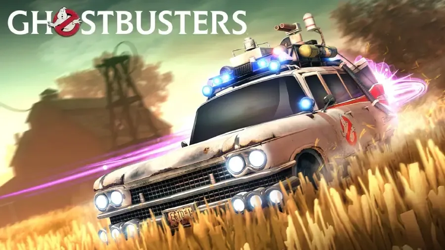 The image is the official poster for the Rocket League collaboration with the Ghostbusters franchise — the Ecto-1 car.