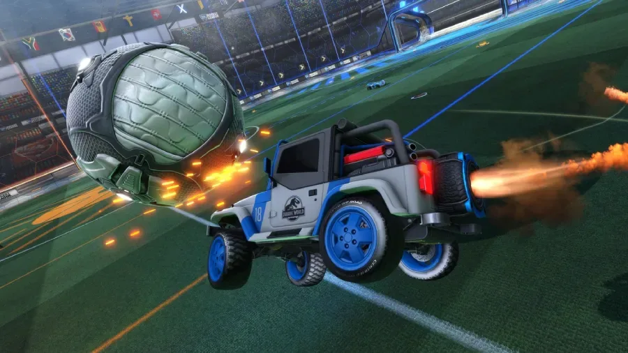 The image is the official poster for the Rocket League collaboration with the Jurassic Park franchise — the Jurassic World Jeep Wrangler car.