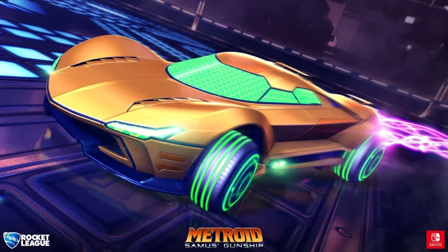 The image is the official poster for the Rocket League collaboration with the Metroid franchise — the Samus's Gunship car, a Nintendo Switch exclusive.