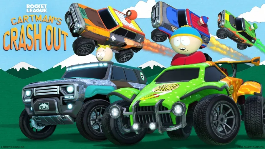 The image is the official poster for the Rocket League collaboration with the South Park franchise — various cosmetic items.