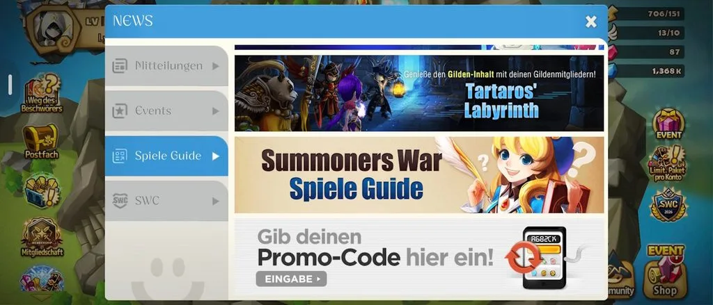 Summoners War Promo Code Menu